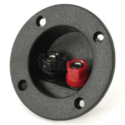 Petit bornier rond 2 pôles à encastrer pour enceinte haute fidélité, contacts laiton, pour fiche banane ou serrage sur conducteur, façade diamètre 75 mm