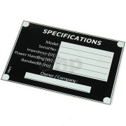 Plaque signalétique aluminium pour enceinte professionnelle, impression noire, une face adhésive, dimensions 105 x 71 mm, épaisseur 1 mm