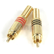 Paire de fiches RCA mâle laiton plaqué or, repère bague couleur (rouge et noir), pour câble diamètre max 7 mm