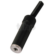 Fiche mini-Jack 3.5 mm stéréo femelle en métal noir, blindage et protection de flexion du câble, pour câble diamètre 3.5 mm
