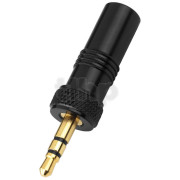 Fiche mini-Jack 3.5 mm stéréo mâle en métal noir, contacts plaqué-or, avec vissage de sécurité, pour câble diamètre 4.2 mm, convient aux émetteurs avec filetage extérieur de 5.9 mm