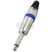 Fiche Jack 6.3 mm mono mâle en métal, bague bleu, contacts nickel et protection de flexion du câble, pour câble diamètre 7 mm