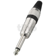 Fiche Jack 6.3 mm mono mâle en métal, bague noir, contacts nickel et protection de flexion du câble, pour câble diamètre 7 mm