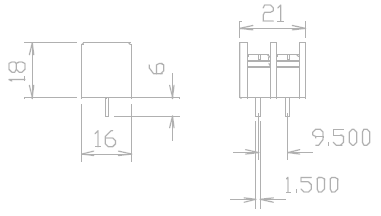 drawing & mounting du bornier à visser AB Sound Bornier 2 pôles à visser pour carte imprimée, dimensions 21 x 16 x 18 mm