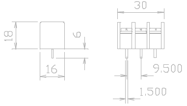 drawing & mounting du bornier à visser AB Sound Bornier 3 pôles à visser pour carte imprimée, dimensions 30 x 16 x 18 mm