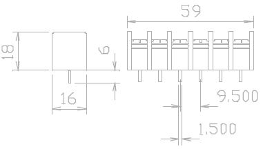 drawing & mounting du bornier à visser AB Sound Bornier 6 pôles à visser pour carte imprimée, dimensions 59 x 16 x 18 mm