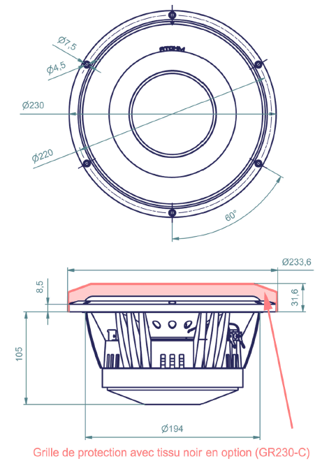 Image Dimensions & Montage haut parleur à cône Atohm Haut-parleur Atohm LD230CRA08M, 8 ohm, 233.6 mm