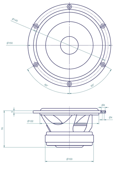 Image Dimensions & Montage haut parleur à cône Atohm Haut-parleur Atohm LD130CR04 , 4 ohm, 150 mm