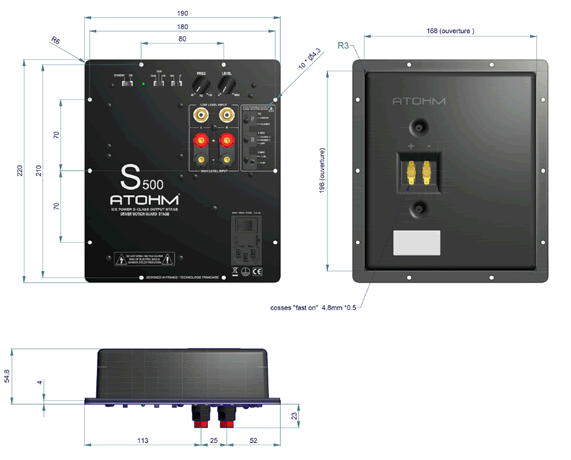 Image Dimensions & Montage amplificateur actif Atohm Amplificateur actif subwoofer mono, 250W, Atohm S250-X