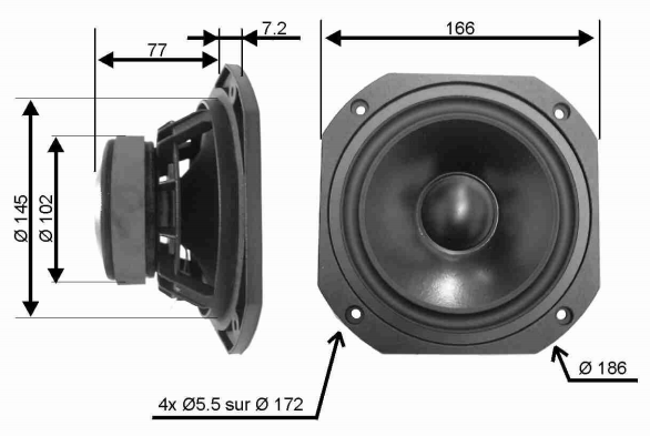 drawing & mounting du haut parleur à cône Audax Haut-parleur Audax HM170G8, 8 ohm, 166 x 166 mm