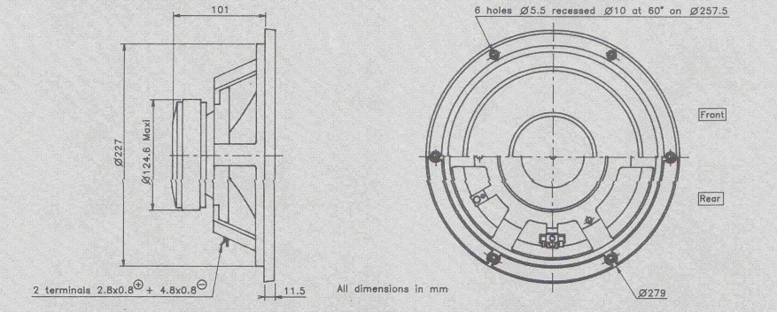drawing & mounting du haut parleur à cône Audax Haut-parleur Audax PR240M0, 8 ohm, 279 mm
