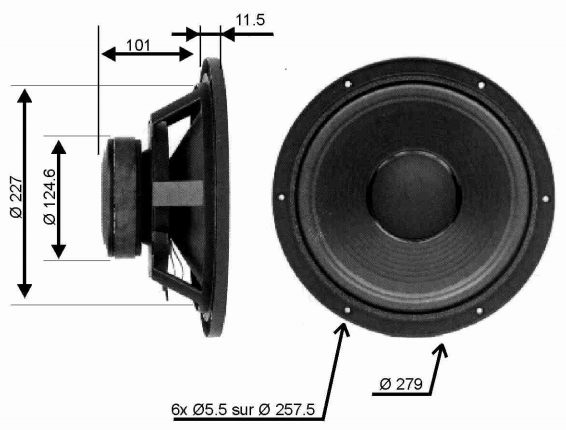 Image Drawing & Mounting haut parleur à cône Audax Haut-parleur Audax PR240M6, 8 ohm, 279 mm