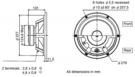 Image Drawing & Mounting haut parleur à cône Audax Haut-parleur Audax PR240Z0, 8 ohm, 279 mm