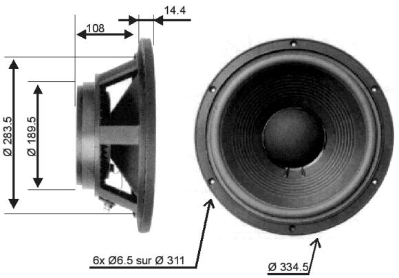 Image Drawing & Mounting haut parleur à cône Audax Haut-parleur Audax PR330M0, 8 ohm, 334.5 mm