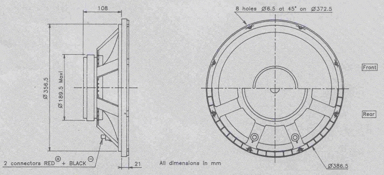 drawing & mounting du haut parleur à cône Audax Haut-parleur Audax PR380M0, 8 ohm, 386.5 mm