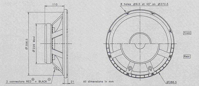 Image Drawing & Mounting haut parleur à cône Audax Haut-parleur Audax PR380M2, 8 ohm, 386.5 mm