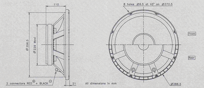 drawing & mounting du haut parleur à cône Audax Haut-parleur Audax PR380M2, 8 ohm, 386.5 mm
