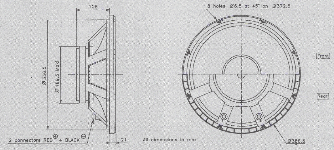 drawing & mounting du haut parleur à cône Audax Haut-parleur Audax PR380T0, 8 ohm, 386.5 mm