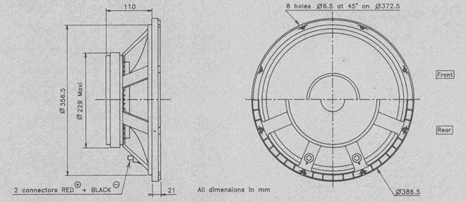 drawing & mounting du haut parleur à cône Audax Haut-parleur Audax PR380T4, 8 ohm, 386.5 mm