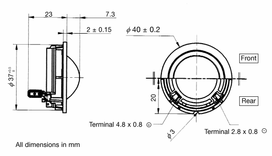 drawing & mounting du tweeter à dôme Audax Tweeter à dôme Audax TM025C7, 4 ohm, bobine 25 mm, façade 40 mm