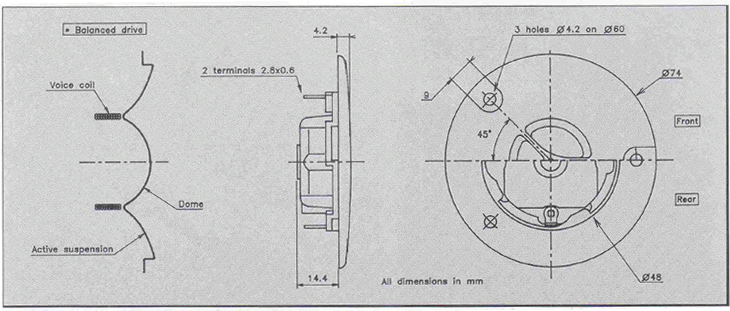 Image Dimensions & Montage tweeter à dôme Audax Tweeter à dôme Audax TW010I1, 8 ohm, bobine 10 mm, façade 74 mm