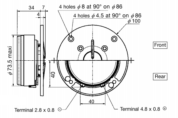 drawing & mounting du tweeter à dôme Audax Tweeter à dôme Audax TW025A12, 8 ohm, bobine 25 mm, façade 100 mm