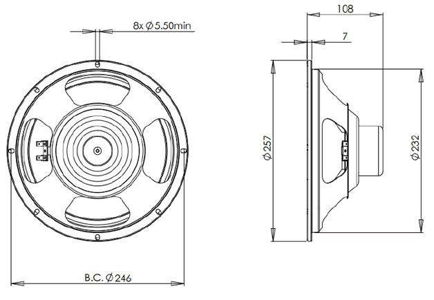 Image Dimensions & Montage haut parleur à cône B&C Speakers Haut-parleur B&C Speakers 10CL51, 8 ohm, 10 pouce