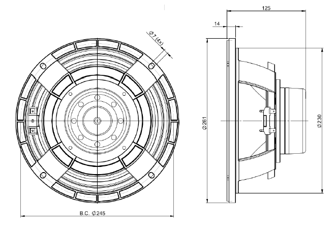 Image Dimensions & Montage haut parleur à cône B&C Speakers Haut-parleur B&C Speakers 10MBX64, 8 ohm, 10 pouce