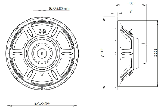 Image Dimensions & Montage haut parleur à cône B&C Speakers Haut-parleur B&C Speakers 12CL64, 4 ohm, 12 pouce