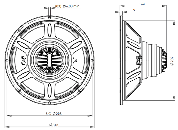 drawing & mounting du haut-parleur coaxial à deux entrées B&C Speakers Haut-parleur coaxial B&C Speakers 12CLX64, 8+8 ohm, 12 pouce