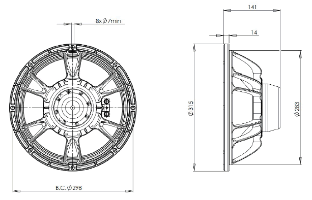 drawing & mounting du haut parleur à cône B&C Speakers Haut-parleur B&C Speakers 12NDL76, 8 ohm, 12 pouce