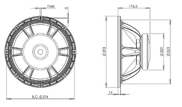 Image Dimensions & Montage haut parleur à cône B&C Speakers Haut-parleur B&C Speakers 15FW76, 8 ohm, 15 pouce