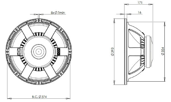 drawing & mounting du haut parleur à cône B&C Speakers Haut-parleur B&C Speakers 15PS76, 4 ohm, 15 pouce