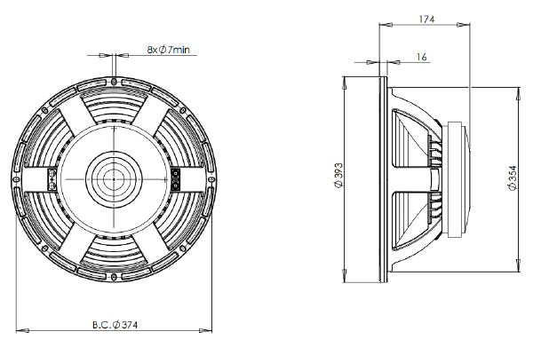 Image Dimensions & Montage haut parleur à cône B&C Speakers Haut-parleur B&C Speakers 15PZB100, 8 ohm, 15 pouce