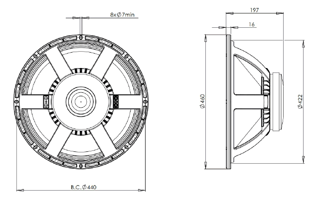 drawing & mounting du haut parleur à cône B&C Speakers Haut-parleur B&C Speakers 18PS100, 8 ohm, 18 pouce
