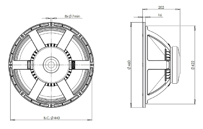Image Drawing & Mounting haut parleur à cône B&C Speakers Haut-parleur B&C Speakers 18PS76, 8 ohm, 18 pouce