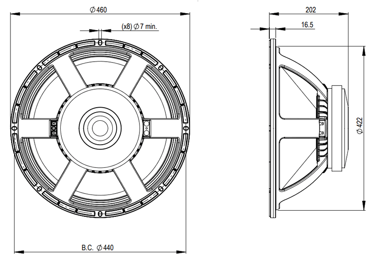 drawing & mounting du haut parleur à cône B&C Speakers Haut-parleur B&C Speakers 18PZW100, 8 ohm, 18 pouce