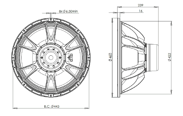 Image Dimensions & Montage haut parleur à cône B&C Speakers Haut-parleur B&C Speakers 18SW100, 8 ohm, 18 pouce