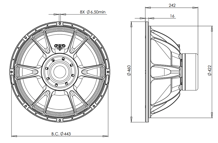 drawing & mounting du haut parleur à cône B&C Speakers Haut-parleur B&C Speakers 18SW115, 8 ohm, 18 pouce