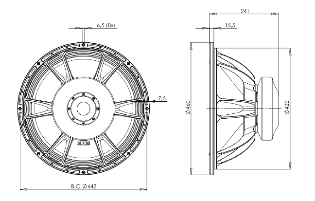 Image Dimensions & Montage haut parleur à cône B&C Speakers Haut-parleur B&C Speakers 18TBW100, 4 ohm, 18 pouce