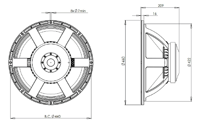 drawing & mounting du haut parleur à cône B&C Speakers Haut-parleur B&C Speakers 18TBX100, 8 ohm, 18 pouce