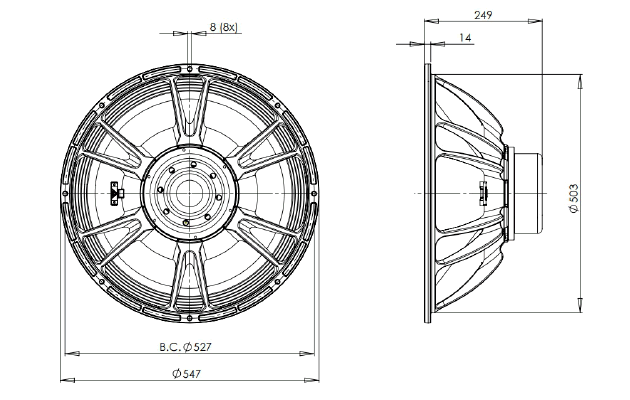 Image Dimensions & Montage haut parleur à cône B&C Speakers Haut-parleur B&C Speakers 21SW115, 4 ohm, 21 pouce