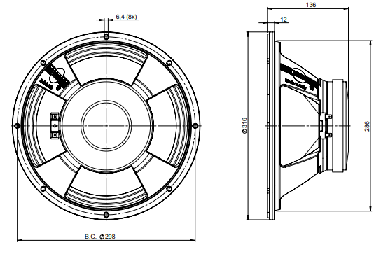 drawing & mounting du haut parleur bicône B&C Speakers Haut-parleur bicône B&C Speakers 320KC-8A, 8 ohm, 12 pouce