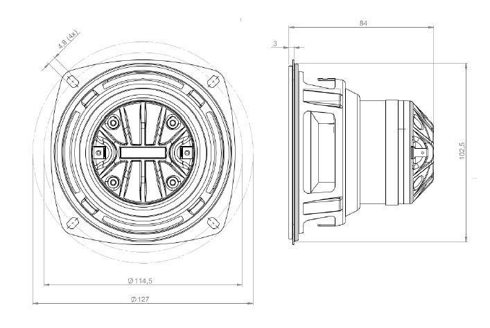drawing & mounting du haut-parleur coaxial à deux entrées B&C Speakers Haut-parleur coaxial B&C Speakers 4CXN36, 8+16 ohm, 4 pouce
