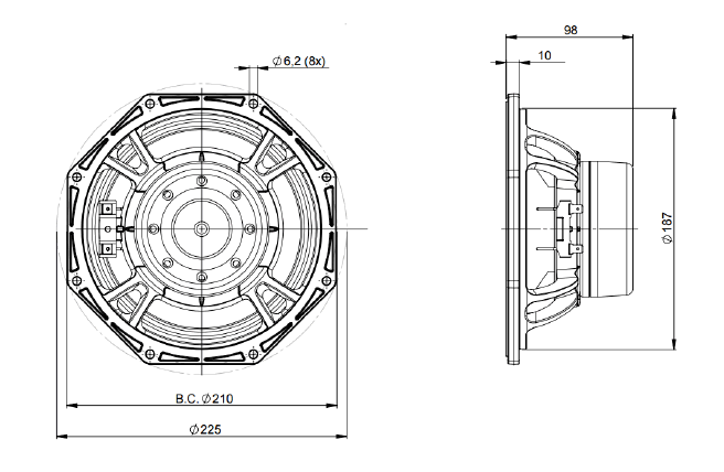 Image Dimensions & Montage haut parleur à cône B&C Speakers Haut-parleur B&C Speakers 8NDL64, 16 ohm, 8 pouce