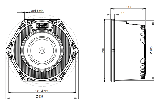 Image Dimensions & Montage haut parleur à cône B&C Speakers Haut-parleur B&C Speakers 8NSM64, 16 ohm, 8 pouce