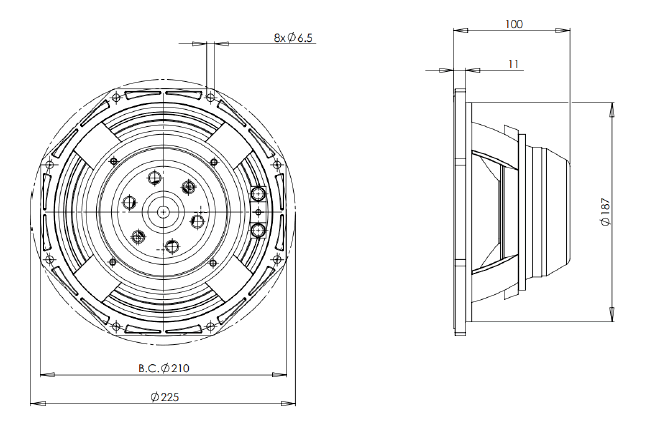 Image Dimensions & Montage haut parleur à cône B&C Speakers Haut-parleur B&C Speakers 8NW51, 8 ohm, 8 pouce