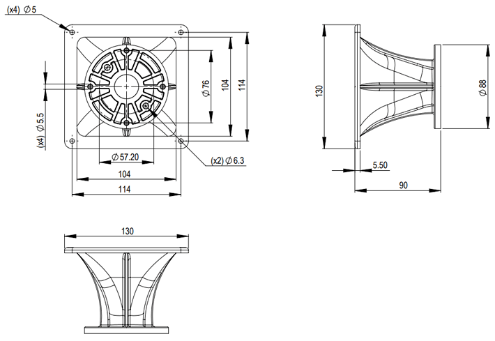 drawing & mounting du pavillon B&C Speakers Pavillon B&C Speakers ME10-v2, gorge 1 pouce, dimensions 130.5 x 130.5 x 90 mm