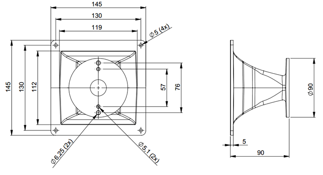 drawing & mounting du pavillon B&C Speakers Pavillon B&C Speakers ME20, gorge 1.0 pouce, dimensions 145 x 145 x 90 mm