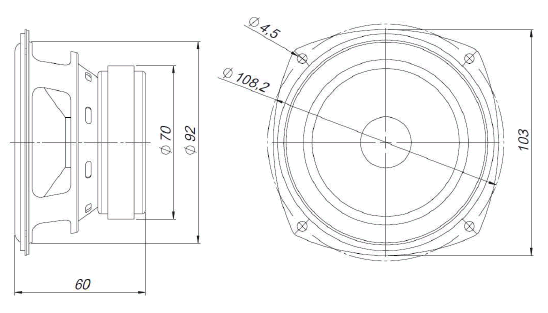 drawing & mounting du haut parleur à cône Beyma Haut-parleur Beyma 4FR40Fe, 8 ohm, 4 pouce
